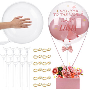 Charniol 12 Set Bobo Balloons 24 Inch Glow Bubble Led Transparent Balloons With 64 Ft Fairy Lights And Balloon Holder With Cups