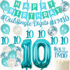 Joymemo 10Th Birthday Decorations For Girl Teal Peace Out Single Digits Im 10 Garland Cake Topper Turquoise Happy Birthday