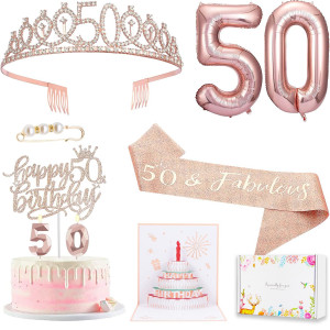 50Th Birthday Gifts Decorations For Women Including 50Th Happy Birthday Cake Toppers Birthday Queen Sash With Pearl Pin Sweet