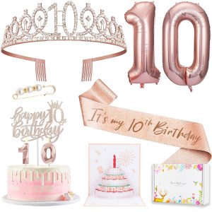 8Pcs 10Th Birthday Decorations For Girls Including 10 Birthday Cake Topper Birthday Queen Sash With Pearl Pin Sweet Rhineston