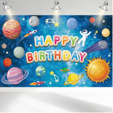 Space Happy Birthday Backdrop Banner For Boys Large Blue Outer Space Astronaut Birthday Decorations Galaxy Planet Photo Backgro