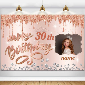 Custom Rose Gold Happy Birthday Backdrop For Girls Women Personalization Rose Gold Happy Birthday Banner Glitter Diamond Birthda