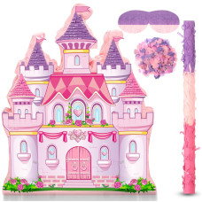 Princess Castle Pinata Bundle Girl Princess Party Pinata Set Include Pink Castle Pinata Bat Stick And Blindfold Mask For Princes