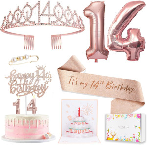 8Pcs 14Th Birthday Decorations For Girls Including 14 Year Old Birthday Cake Topper Birthday Queen Sash With Pearl Pin Sweet