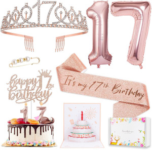 8Pcs 17Th Birthday Decorations For Girls Including 17 Year Old Birthday Cake Topper Birthday Queen Sash With Pearl Pin Sweet