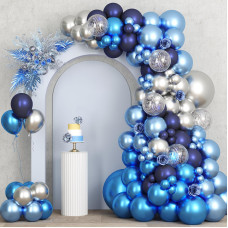 Rubfac 87Pcs Metallic Blue Silver Balloon Garland Arch Kit 18 12 10 5 Inch Blue Silver Confetti Latex Party Balloons For Birthd