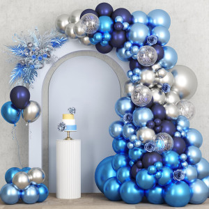 Rubfac 87Pcs Metallic Blue Silver Balloon Garland Arch Kit 18 12 10 5 Inch Blue Silver Confetti Latex Party Balloons For Birthd