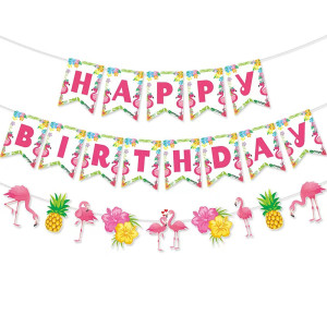 Zwiebeco Flamingo Birthday Party Decoration Tropical Hawaiian Summer Theme Party Supplies Flamingo Pineapple Banner Bunting Garl