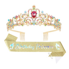 Cieher Princess Crown And Birthday Sash Set Birthday Girl Crown Birthday Tiara For Women Birthday Decorations For Girls Birthda