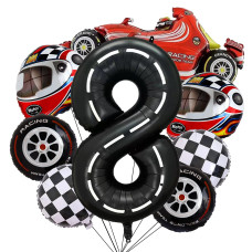 Stcomart 8 Pcs Race Car Party Decorations Black Number 8 Balloon Checkered Balloons Tire Balloons For Boys 8Th Birthday