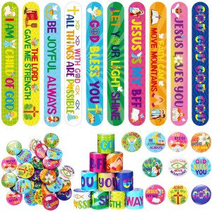 Frienda 60 Pieces Religious Slap Bracelets With Button Pins Jesus Love You Wristbands Jesus Snap Bracelets Christian Badges For