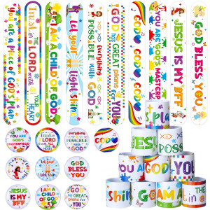 Frienda 60 Pieces Religious Slap Bracelets With Button Pins Jesus Love You Wristbands Jesus Snap Bracelets Christian Badges For