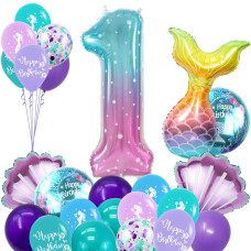 Stcomart Mermaid Birthday Decorations Mermaid Number 1 Balloon Tail Shell Foil Latex Balloons For Girls 1St Birthday