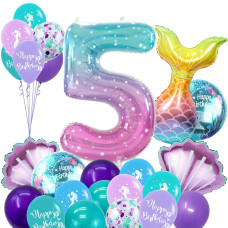 Stcomart Mermaid Birthday Decorations Mermaid Number 5 Balloon Tail Shell Foil Latex Balloons For Girls 5Th Birthday