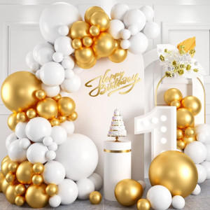 White And Gold Balloon Arch Garland Kit, Metallic Gold And Latex White Balloons Different Sizes 18/12/10/5 Inch For Wedding Anniversary Birthday Graduation Bridal Shower Engagement Party Decorations