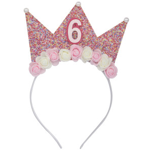 Sundecor Birthday Crown Headbands Number 6 Sequin Princess Birthday Crown Pink Flower Glitter Headbands Little Bling Accessorie