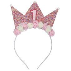 Baby Birthday Crown Headbands Sundecor 1St Sequin Princess Birthday Crown Pink Flower Glitter Headbands Little Bling Accessorie