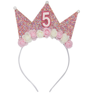 Sundecor Baby Birthday Crown Headbands 5Th Sequin Princess Birthday Crown Pink Flower Glitter Headbands Little Bling Accessorie