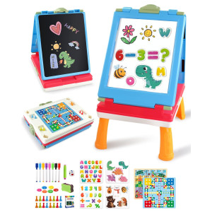 Elovien Easel For Kids 4 In 1 Double Sided Toddler Art Easel With Chalkboard Magnetic Whiteboard Foldable Kids Tabletop Ease