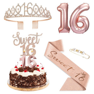 Agqrdkrc Sweet 16 Party Decorations Rose Gold Include 16Th Sweet Rhinestone Tiara Crown Birthday Queen Sash With Pearl Pin Cake