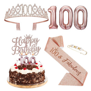 Agqrdkrc 100Th Birthday Decorations For Women Rose Gold Include 100Th Birthday Crown Birthday Queen Sash With Pearl Pin Cake Top