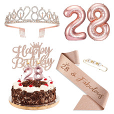 Agqrdkrc 28Th Birthday Decorations For Women Rose Gold Include 28Th Birthday Crown Birthday Queen Sash With Pearl Pin Cake Toppe