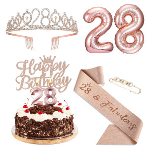 Agqrdkrc 28Th Birthday Decorations For Women Rose Gold Include 28Th Birthday Crown Birthday Queen Sash With Pearl Pin Cake Toppe