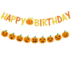 Zwiebeco Fall Birthday Decorations Orange Yellow Happy Birthday Banner Pumpkin Bunting Garland For Autumn Fall Thanksgiving Day