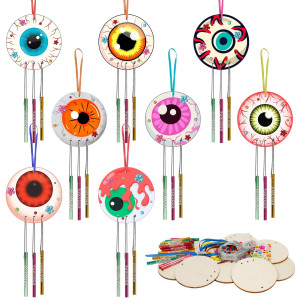 Fennoral 9 Pack Halloween Wind Chime Kit For Kids Make You Own Eyeballs Wind Chimes Diy Paint Wooden Art And Craft For Girls Boy