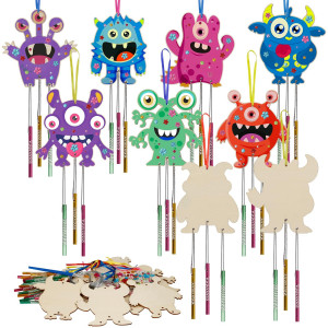 Fennoral 9 Pack Monster Wind Chime Kit For Kids Make Your Own Monster Wind Chimes Wooden Arts And Crafts For Girls Boys Diy Colo