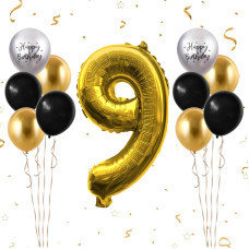 40 Inch Gold Number 9 Balloon 9Th Birthday Balloons 11Pcs Gold Black Latex Balloons Silver Birthday Print Balloons Digital 9 F