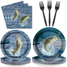 Zoiiwa 200 Pcs Gone Fishing Tableware Disposable Paper Plates Napkins Fishing Tournament Birthday Party Supplies Dinnerware Set