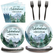 Zoiiwa 200 Pcs Adventure Awaits Tableware Disposable Let The Adventure Begin Party Supplies Dinnerware Set Baby Shower Plates Na