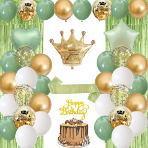 Sage Green Birthday Decorations With Happy Birthday Banner Olive Green Fringe Curtain Sash Foil Balloon Eucalyptus Retro Green W