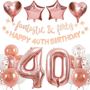 Rubfac 40Th Birthday Decorations Women Rose Gold 40 Birthday Decor For Her Happy Birthday Banner Number Foil Balloon For Fort