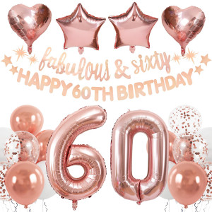 Rubfac 60Th Birthday Decorations Women Rose Gold 60 Birthday Decor For Her Happy Birthday Banner Number Foil Balloon For Fort