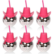 Zhuruinin Disco Ball Pink Cowgirl Hat Cups With Straws Cowboy Western Party Supplies Lets Go Girls Single Girl Party Supplies