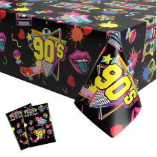 Funhot 90S Tablecloths 90S Party Decorations 2 Pcs 54 X 108 Inch Waterproof Rectangle Black Print Table Covers For 90S Nostalg