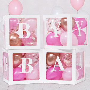 Rubfac Baby Boxes For Baby Shower Decoration With 8 Letters And 36 Hot Pink And Rose Gold Balloons 4Pcs Transparent Clear Ballo