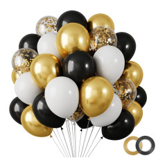 Rubfac 120Pcs 12 Inches Black And Gold Confetti Balloons Kit Metallic Gold Black White Party Balloons With Ribbons For Birthday