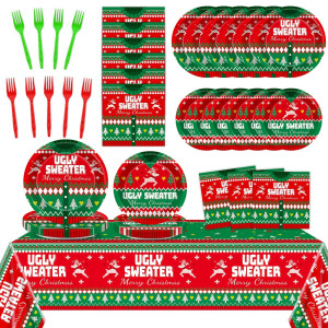 98 Pcs Christmas Ugly Sweater Party Supplies Tacky Sweater Party Plates Tablecloth Xmas Party Decorations For Christmas Holiday