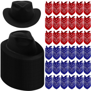 Hillban 72 Pack Cowboy Hat And Bandana Set 36 Cowboy Hats 36 Cowboy Bandana Bulk For Fancy Dress Party Cosplay Costume Black