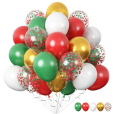 Funhot Christmas Balloons 60 Pcs Red Green Gold Balloons 12 Inch Red Green Confetti Balloons Metallic Gold Helium Balloons Whi