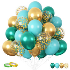 Funhot Teal Balloons 60 Pcs Gold Turquoise Balloons 12 Inch Metallic Gold Dark Green Balloons Gold Confetti Balloons Teal Blue