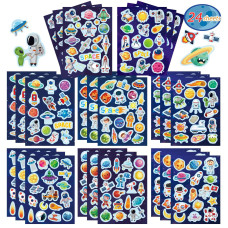 24 Sheets Space Themed Sticker Set 8 Planets Astronauts Spaceships And Rockets Explore Space Stickers For Kids Outer Space