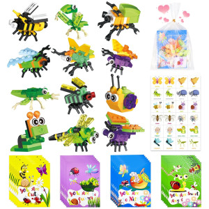 Ytkih 24 Packet Bulk Valentines Day Gifts For Kids Classroom Include Insect Building Blocks Cards Stickers Goodie Bag Vale