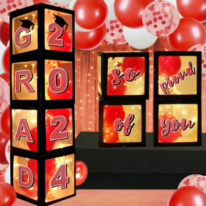 Aoke Graduation Party Decorations 2024 Graduation Balloon Boxes 4Pcs Graduate Balloon Boxes With Balloon Light Strings Red Lett