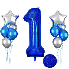 Glitter Blue Number 1 Balloon 40 Inch 1St Birthday Balloons 11Pcs Metallic Blue Latex Balloons Metallic Silver Star Balloons N