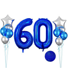 Glitter Blue Number 60 Balloon 40 Inch 60Th Birthday Balloons 12Pcs Metallic Blue Latex Balloons Metallic Silver Star Balloons