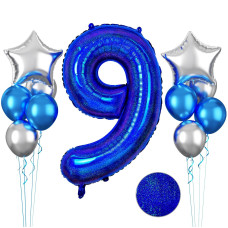 Glitter Blue Number 9 Balloon 40 Inch 9Th Birthday Balloons 11Pcs Metallic Blue Latex Balloons Metallic Silver Star Balloons G